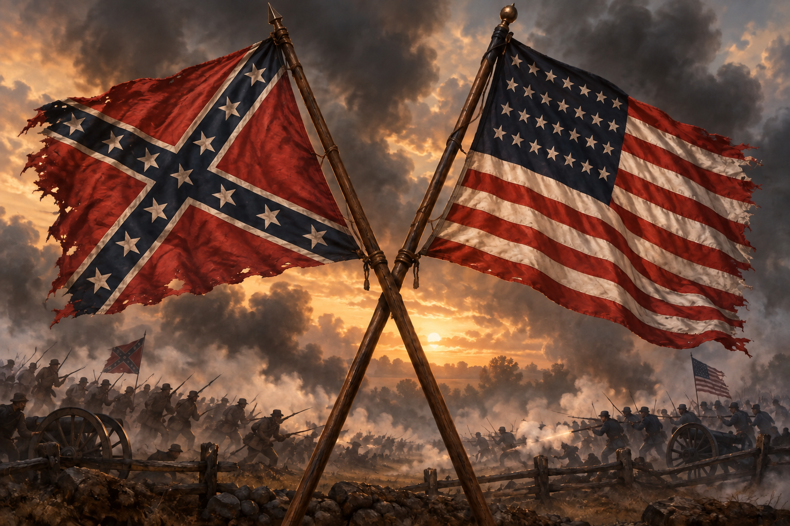 Dramatic Civil War battlefield illustration with crossed Union and Confederate flags