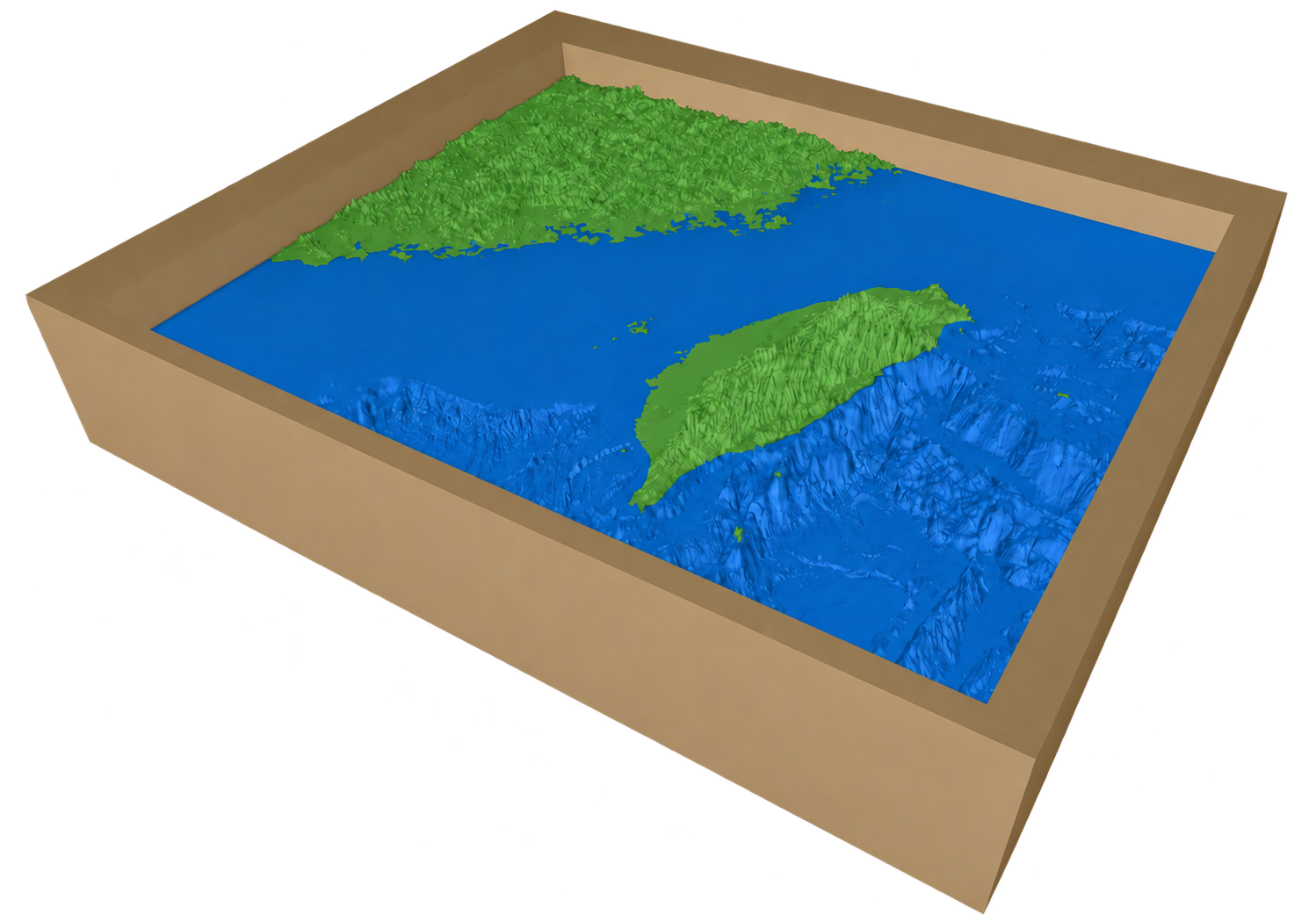 3D bathymetric terrain model showing coastal land and an offshore island